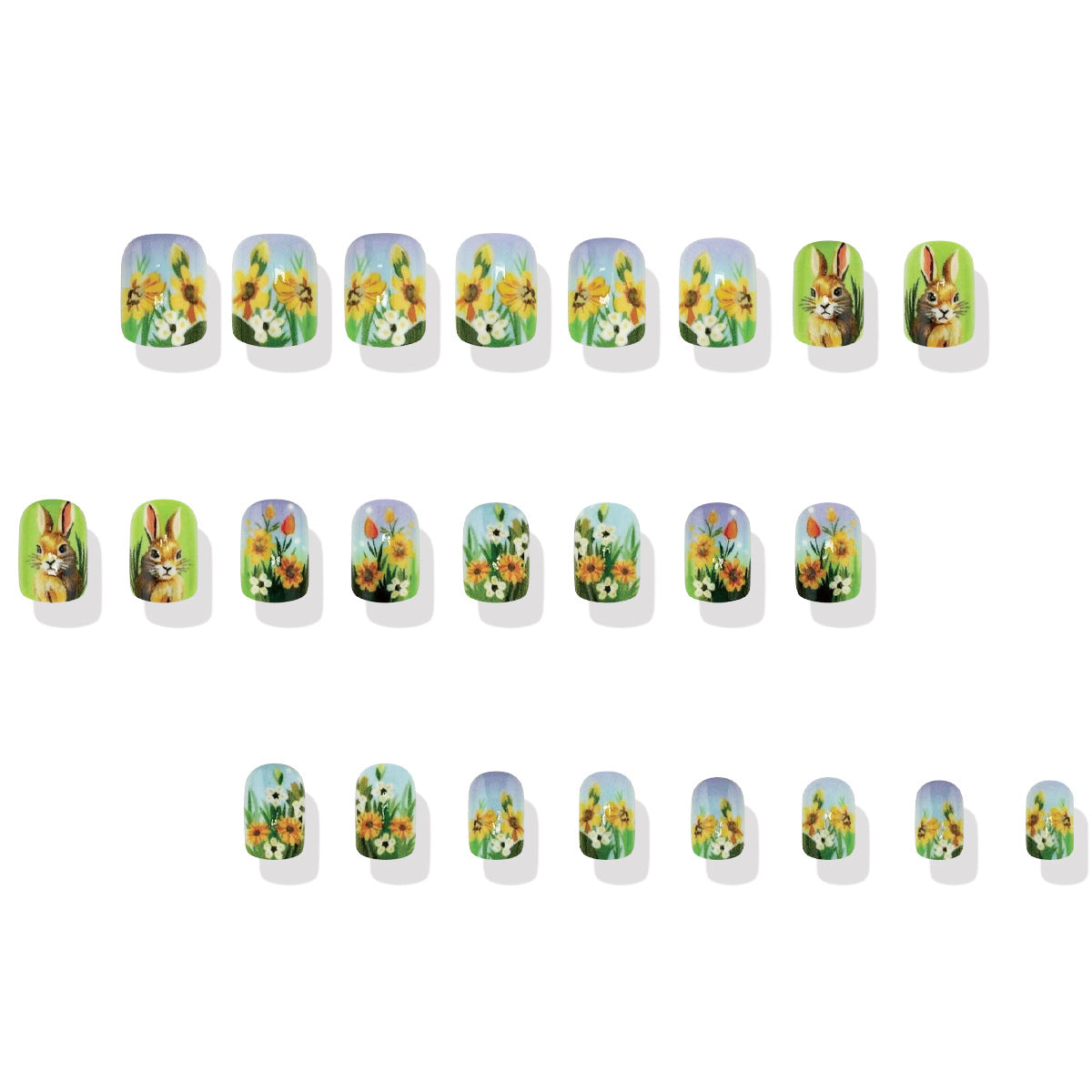 24pcs/Set Blue-Green Ombre Floral Bunny Press-On Nails