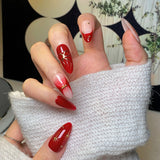 (Handmade) 10pcs/Set Red French Tips with Gold Foil Bow Press-On Nails