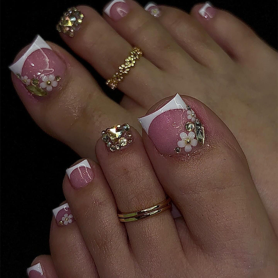 24pcs/Set Delicate Sparkly 3D Floral Rhinestones Press On Toe Nails