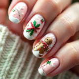 24pcs/Set Embossed Gingerbread Man Christmas Decor Short Press-On Nails