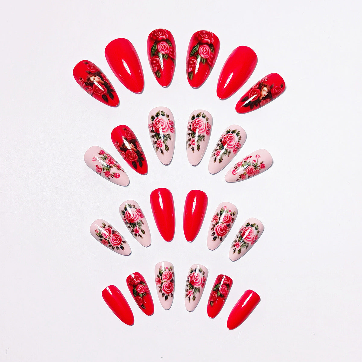 24pcs/Set Green Leaves & Pink Roses Press-On Nails