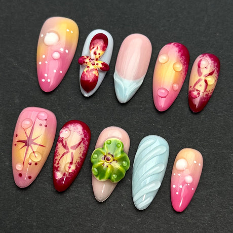 (Handmade) 10pcs/Set Flowers Press-On Nails