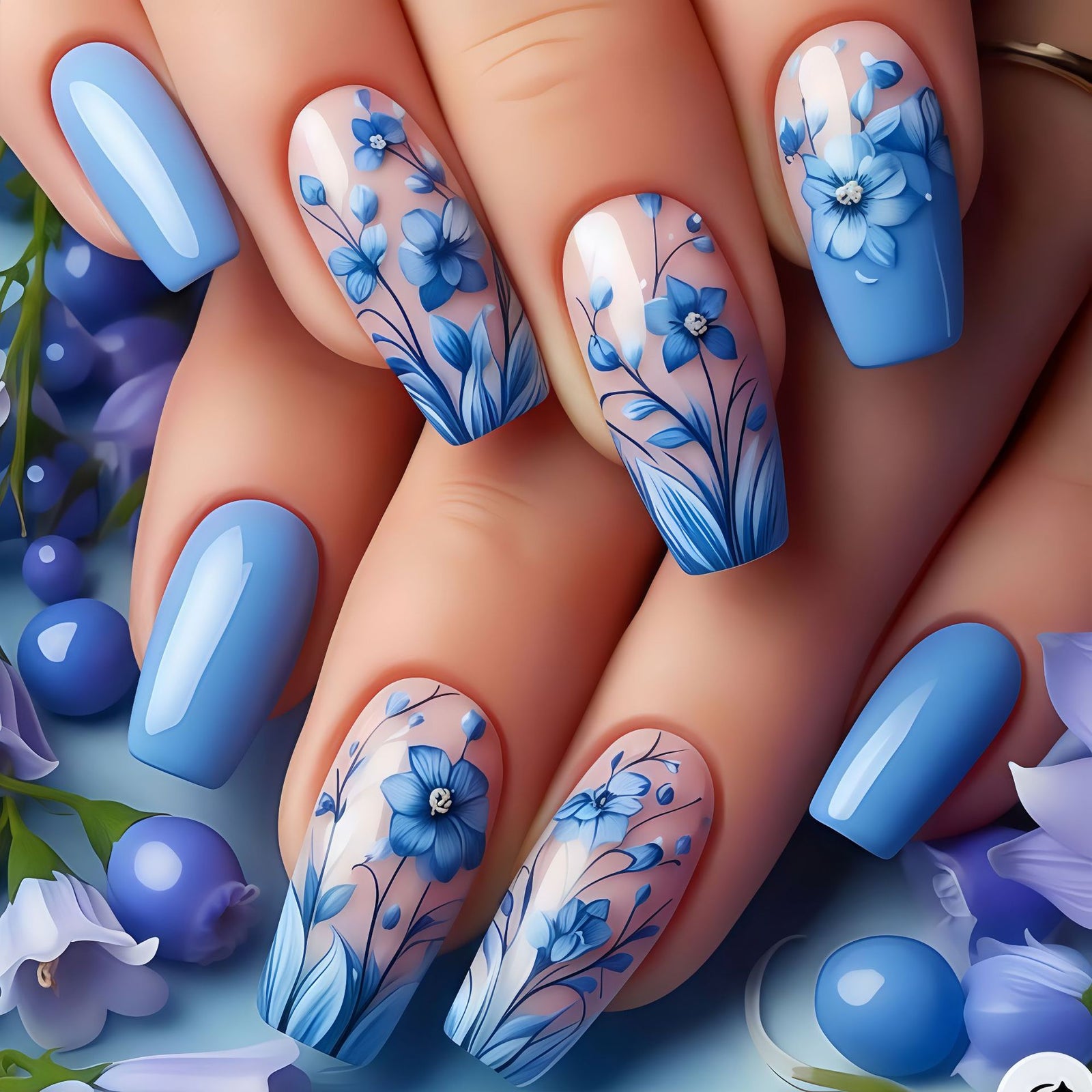 24pcs/Set Blue Flowers Press-On Nails