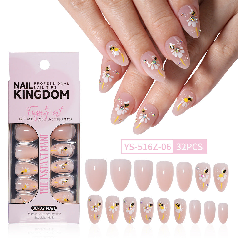 32pcs/Set Decal & Rhinestone French Short Almond Press-On Nails