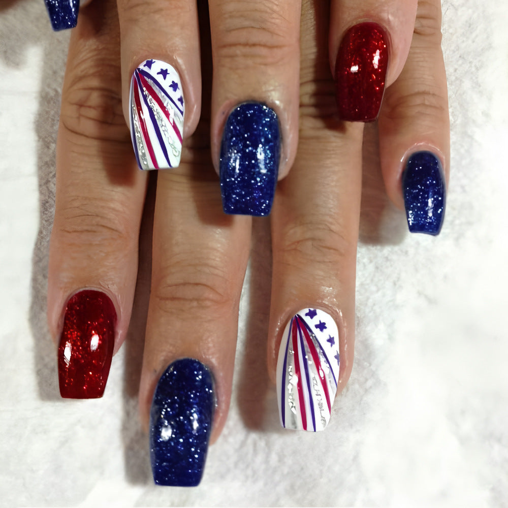 24pcs/Set Red & Blue Starry Lines Press-On Nails