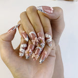 (Handmade) 10pcs/Set Nude Pink 3D Flower Black Zebra French Press-On Nails