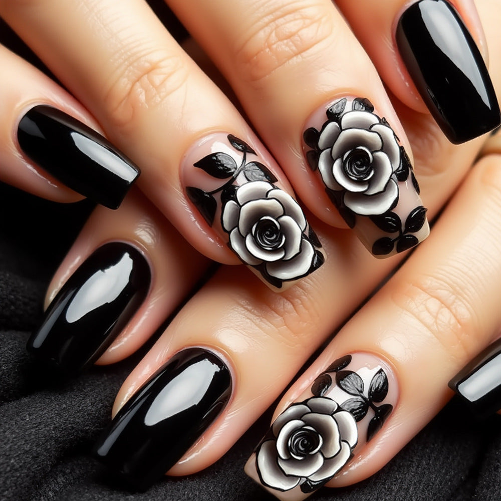 24pcs/Set Black Roses Press-On Nails