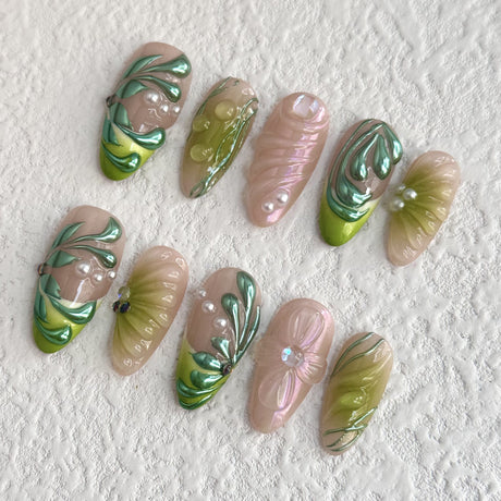 (Handmade) 10pcs/Set 3D Green Vines Press-On Nails