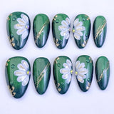 (Handmade) 10pcs/Set Green Cat Eye 3D Floral Press-On Nails