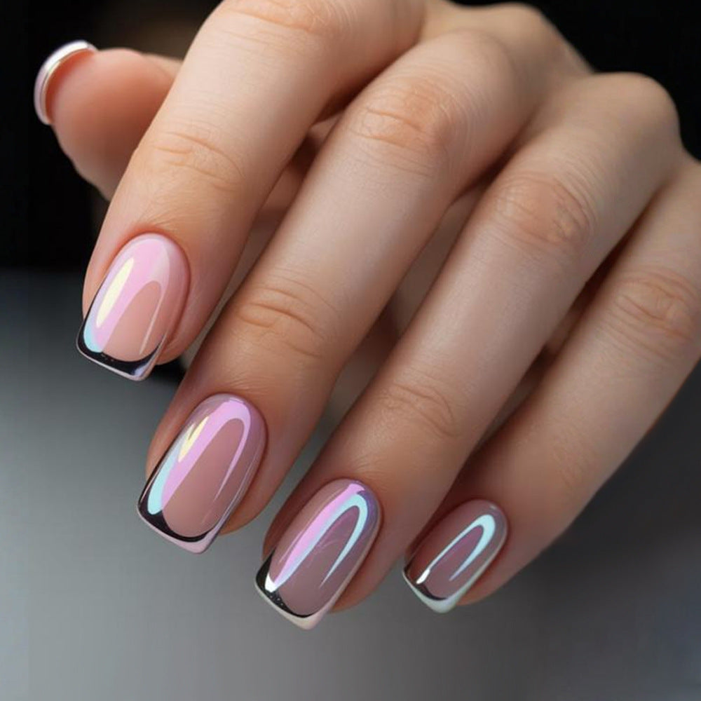 24pcs/Set Nude Pink Aurora French Short Press On Nails