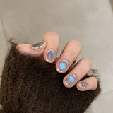 (Handmade) 10pcs/Set Sapphire Glass Bead Cat Eye Glitter Short Press-On Nails