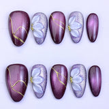 (Handmade) 10pcs/Set Gold Thread Line Purple Cat Eye Press-On Nails