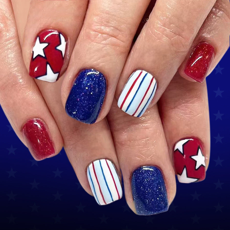 24pcs/Set Red & Blue Striped Star Press-On Nails