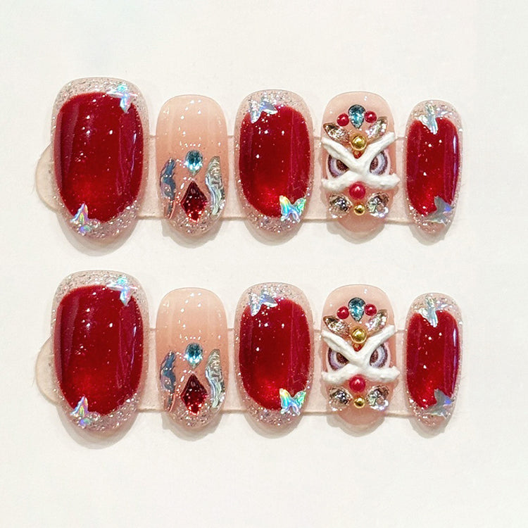 (Handmade) 10pcs/Set Red Awakening Lion Crushed Rhinestone Press-On Nails