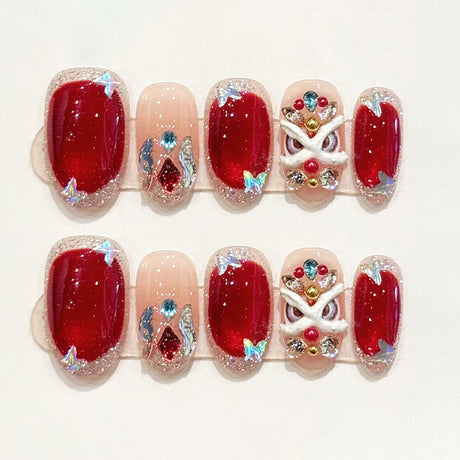 (Handmade) 10pcs/Set Red Awakening Lion Crushed Rhinestone Press-On Nails