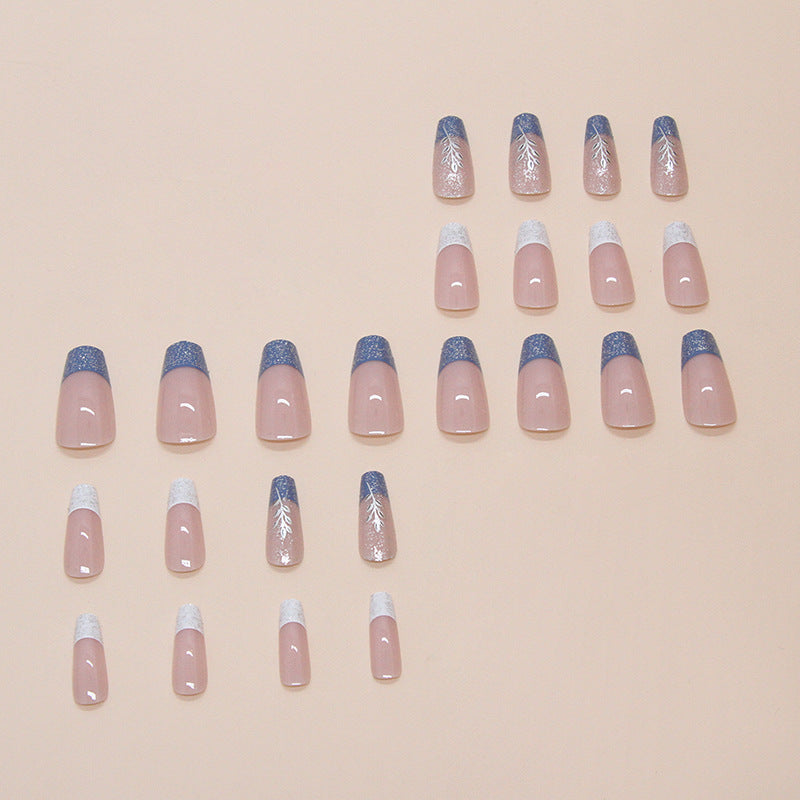 24pcs/Set Blue Leaf French Tips Press-On Nails