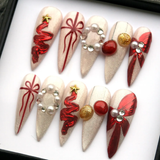 (Handmade) 10pcs/Set Christmas 3D Bow Tree & Balloon Press On Nails