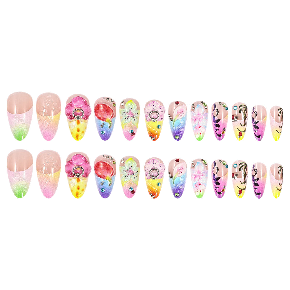 24pcs/Set 3D Embossed Colorful Flowers Press-On Nails