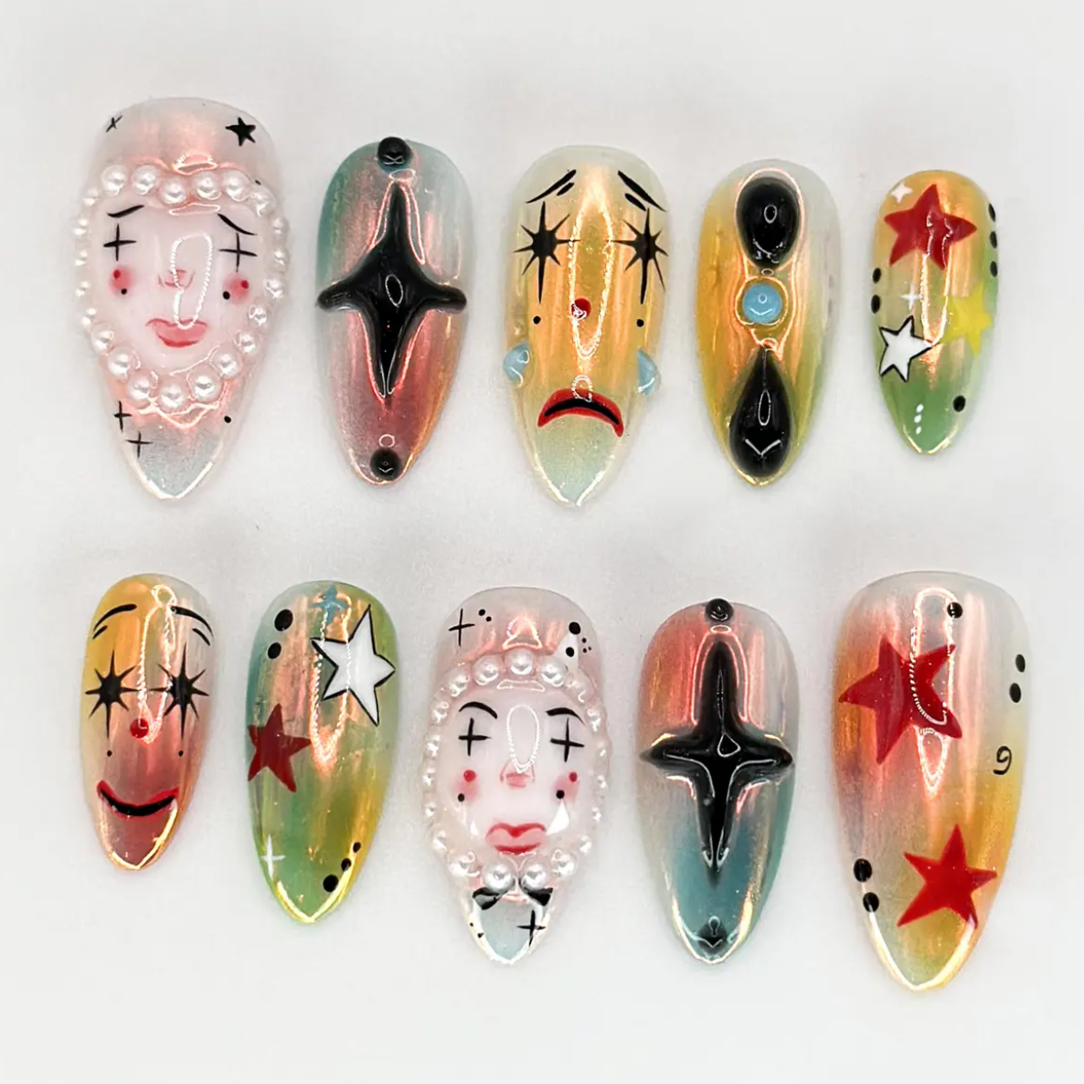 (Handmade) 10pcs/Set Artistic Clown-Themed Halloween Press-On Nails