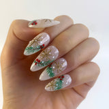 (Handmade) 10pcs/Set Gold Snowflake Christmas Tree Press-On Nails