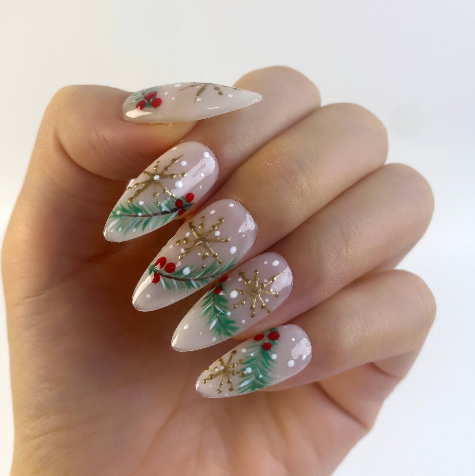 (Handmade) 10pcs/Set Gold Snowflake Christmas Tree Press-On Nails