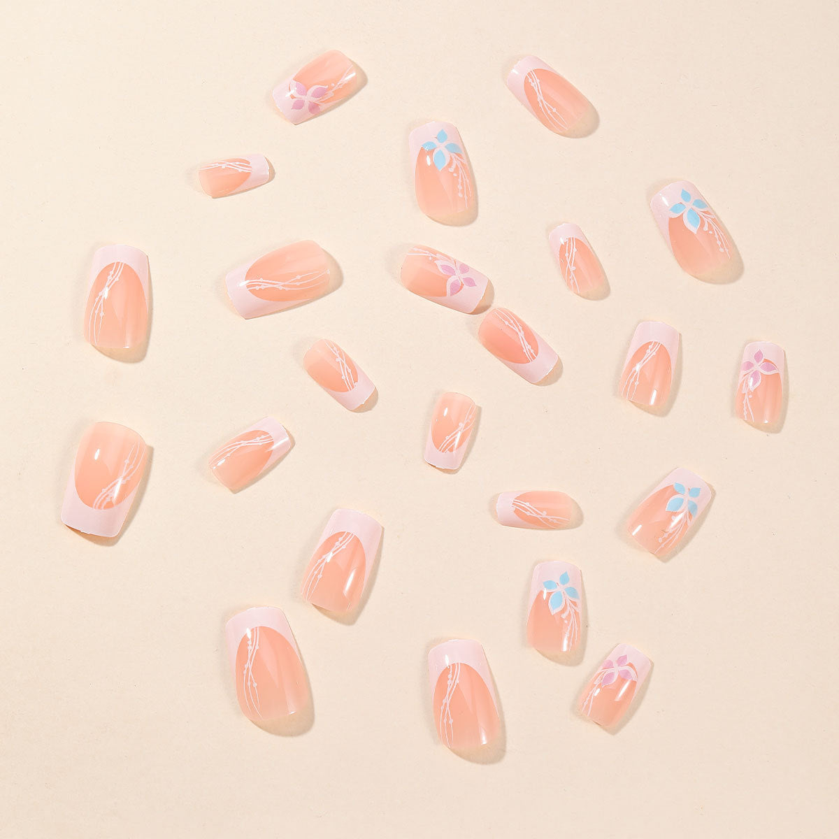 24pcs/Set French Tip Flowers Press-On Nails