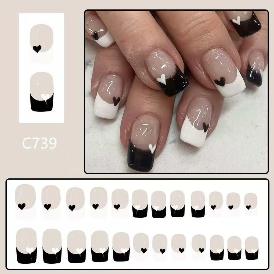 24pcs/Set Valentine's Day Black and White Heart French Tips Press-On Nails