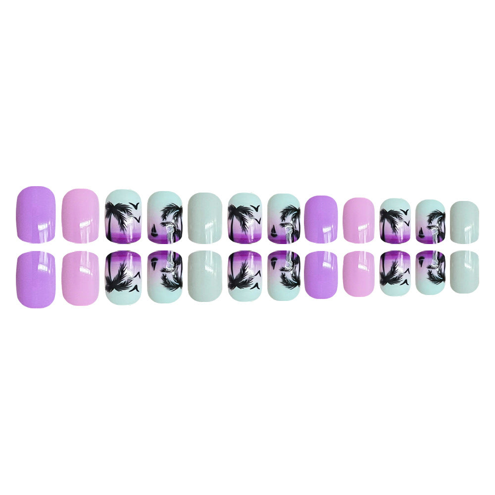 24pcs/Set Blue and Pink Palm Tree Press-On Nails
