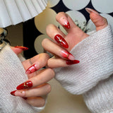 (Handmade) 10pcs/Set Red French Tips with Gold Foil Bow Press-On Nails