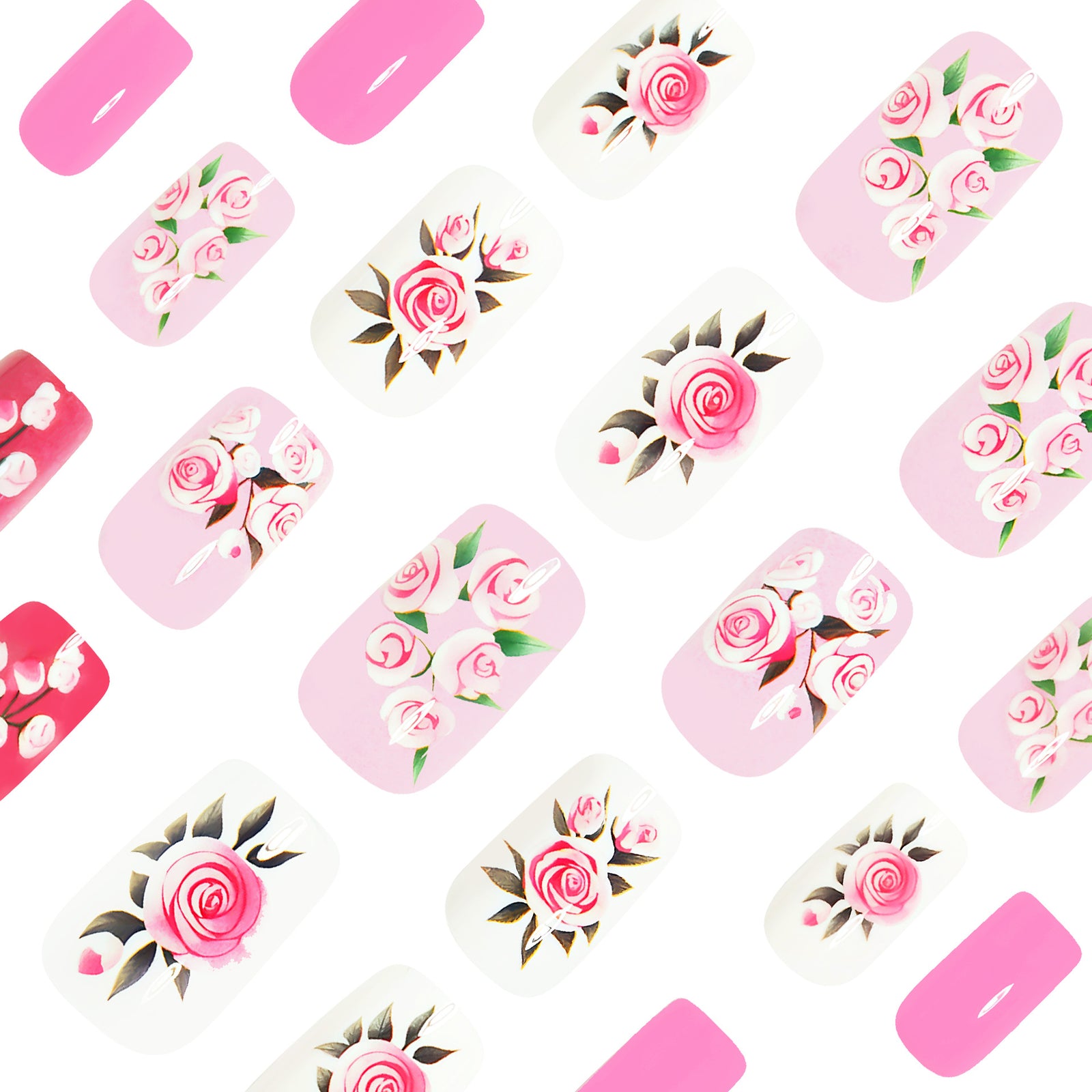 24pcs/Set Green Leaves & Pink Roses Press-On Nails