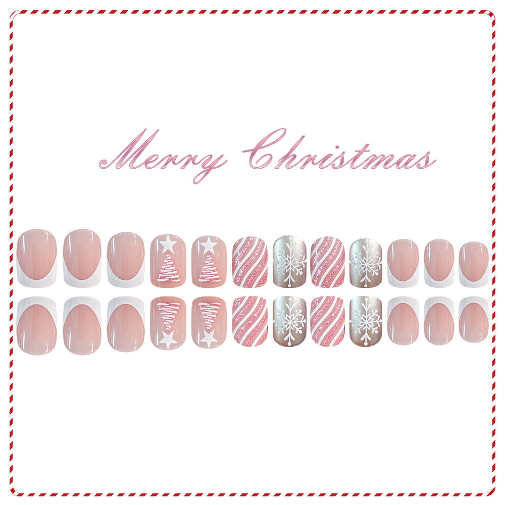 24pcs/Set Christmas French Pink Tree Press On Nails