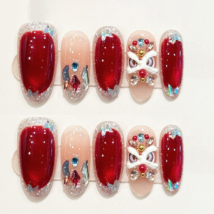 (Handmade) 10pcs/Set Red Awakening Lion Crushed Rhinestone Press-On Nails