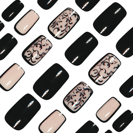 24pcs/Set Black Striped French Press-On Nails
