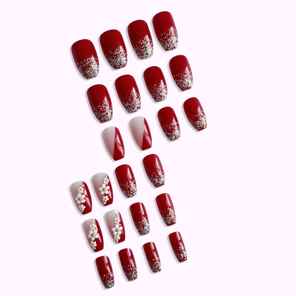 24pcs/Set Wine Red Camellia Press-On Nails