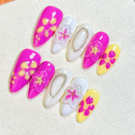 (Handmade) 10pcs/Set 3D Floral Embossed Carving Press-On Nails