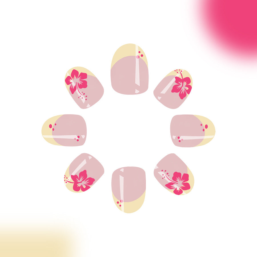 24pcs/Set Red Floral Yellow French Press-On Nails