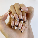 (Handmade) 10pcs/Set Coffee Brown 3D Flower French Checkered Press-On Nails