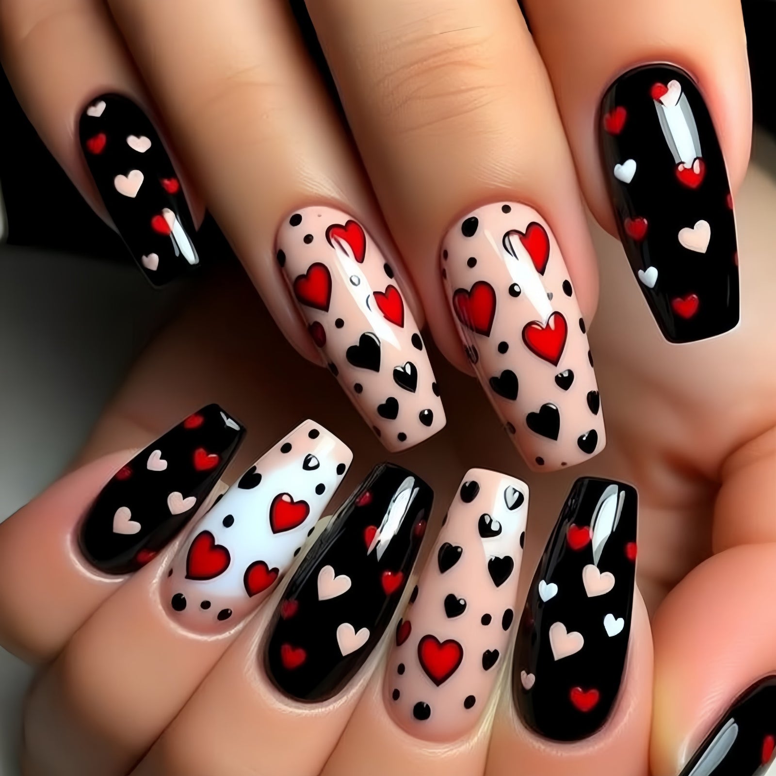 24pcs/Set Black, White & Red Hearts Press-On Nails
