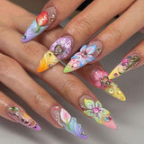 24pcs/Set 3D Embossed Colorful Flowers Press-On Nails