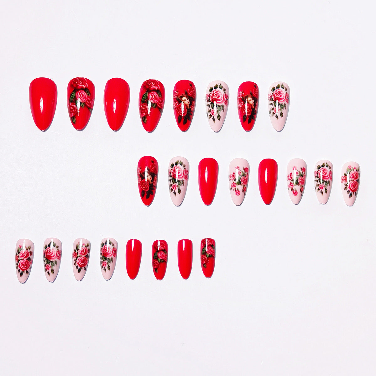 24pcs/Set Green Leaves & Pink Roses Press-On Nails