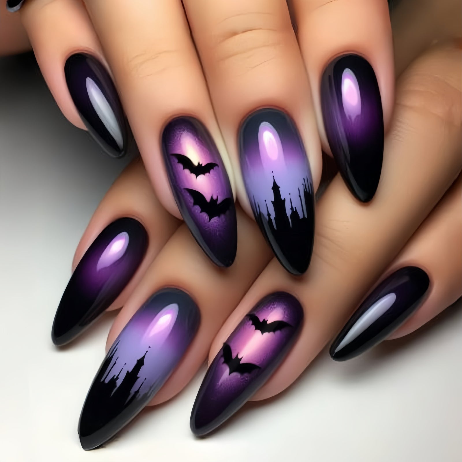 24pcs/Set Purple Castle & Bats Press-On Nails