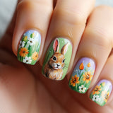 24pcs/Set Blue-Green Ombre Floral Bunny Press-On Nails