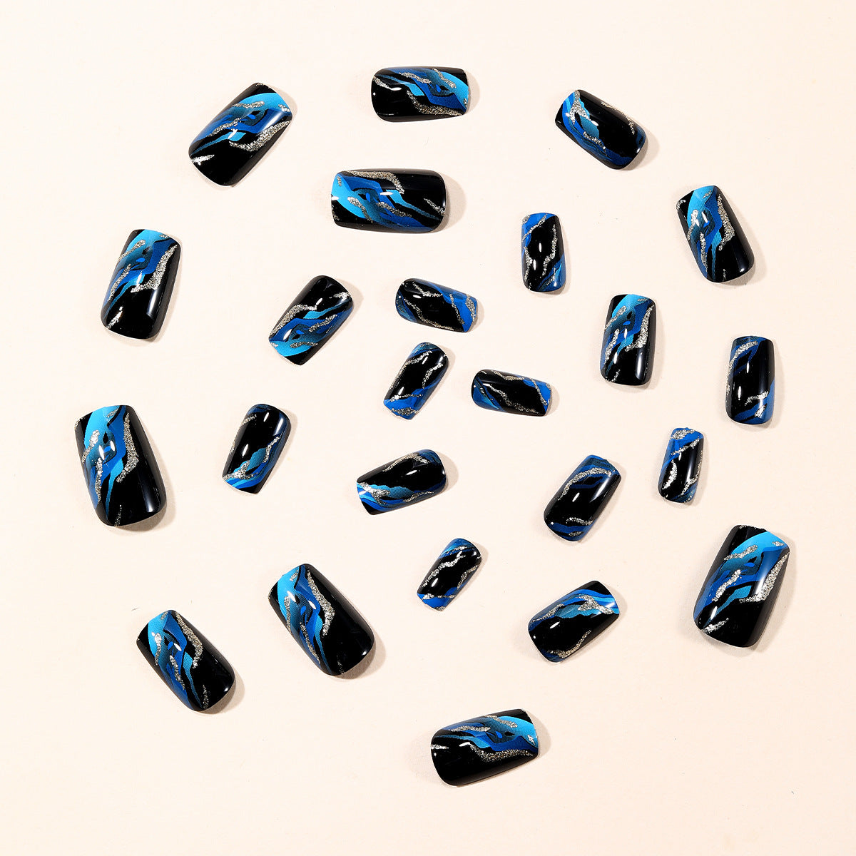 24pcs/Set Black and Blue Ombre with Irregular Lines Press-On Nails