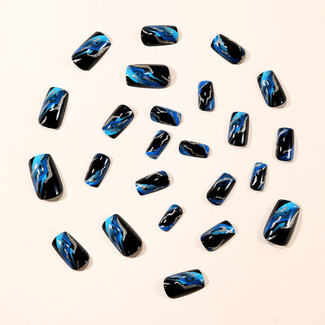 24pcs/Set Black and Blue Ombre with Irregular Lines Press-On Nails