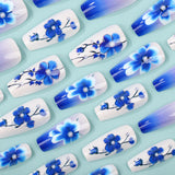 24pcs/Set Blue Floral Press-On Nails