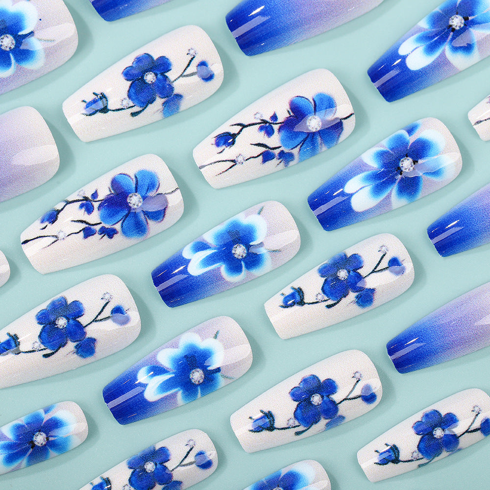 24pcs/Set Blue Floral Press-On Nails