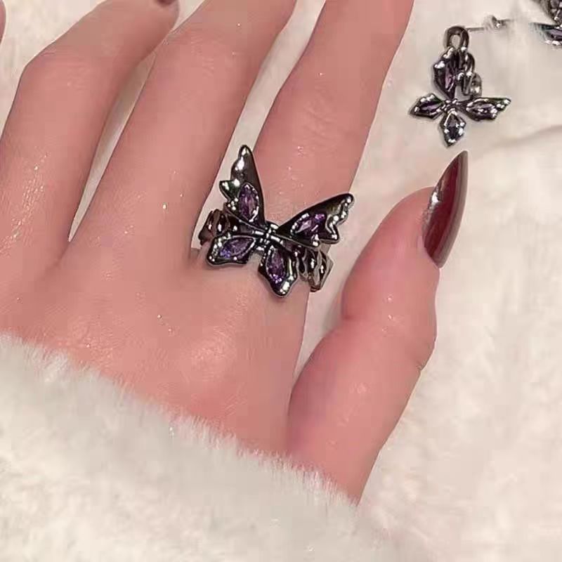 Gunmetal Rose Cross Butterfly Punk Adjustable Ring