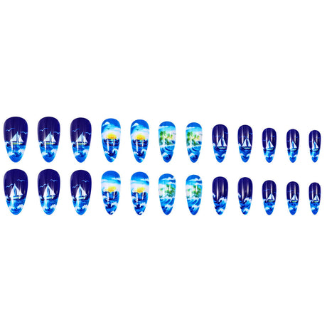 24pcs/Set Blue Ocean Waves Sunset Press-On Nails