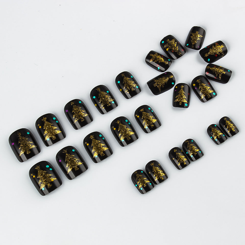 24pcs/Set Dark Christmas Tree with Gold Foil Short Press-On Nails