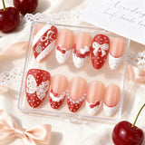 24pcs/Set Red & White Polka Dot Lace French Short Almond Press-On Nails